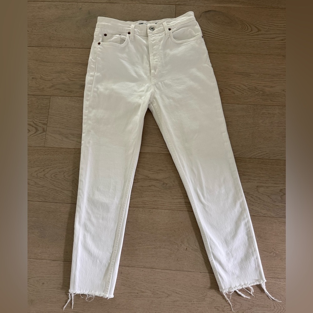 RE/DONE White High Rise Ankle Crop Stetch with distressed ankle hem size 28